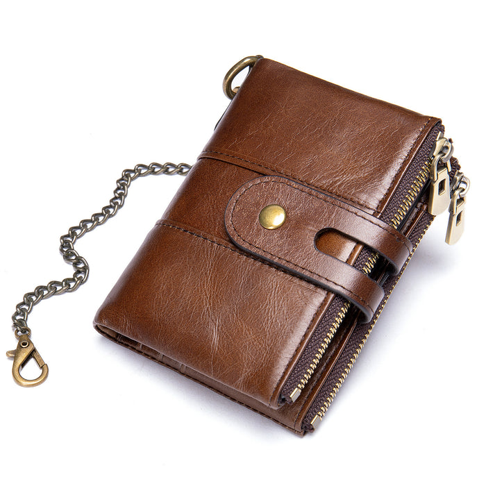 Genuine Leather RFID Bi-Fold Wallet With Metal Chain TC599 | TOUCHANDCATCH NZ