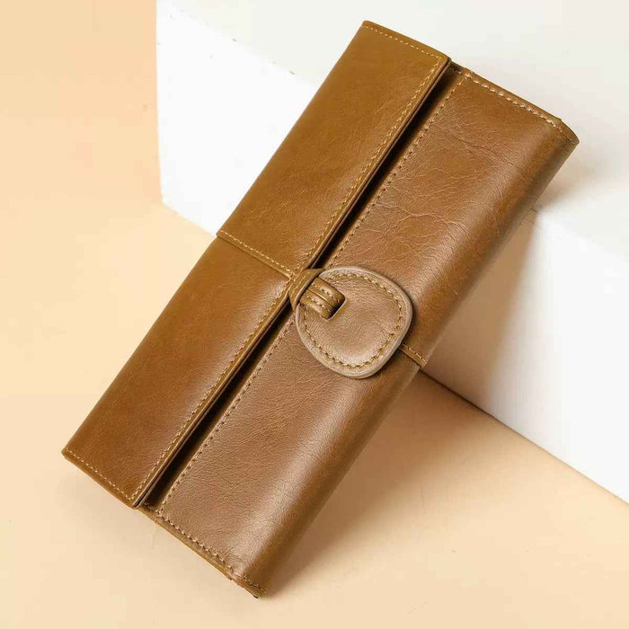 Women's Genuine Leather Tri-Fold Long Wallet TC4200 | 11 Card Slots, Photo Window & Zip Coin Pouch — Brown
