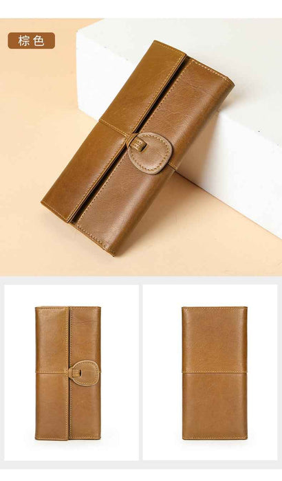 Women's Genuine Leather Tri-Fold Long Wallet TC4200 | 11 Card Slots, Photo Window & Zip Coin Pouch — Brown