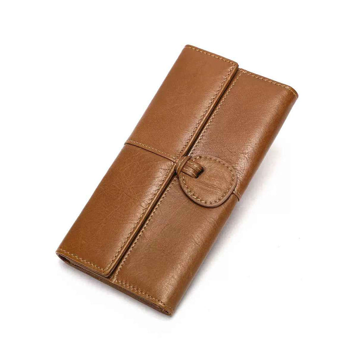 Women's Genuine Leather Tri-Fold Long Wallet TC4200 | 11 Card Slots, Photo Window & Zip Coin Pouch — Brown
