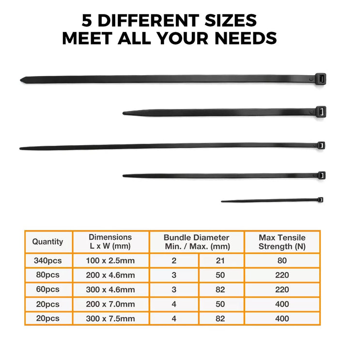 520-Piece Black Cable Tie Assortment | 5 Sizes, Heavy-Duty Self-Locking Nylon Zip Ties