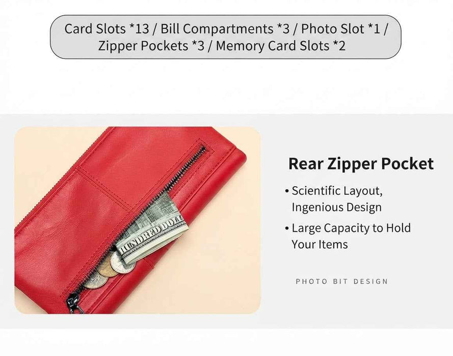 Women's RFID Genuine Leather Long Wallet TC560 | 13 Card Slots, Phone Pocket & Zip Coin Pouch