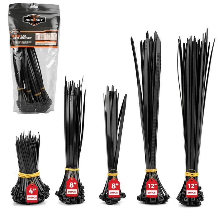 520-Piece Black Cable Tie Assortment | 5 Sizes, Heavy-Duty Self-Locking Nylon Zip Ties