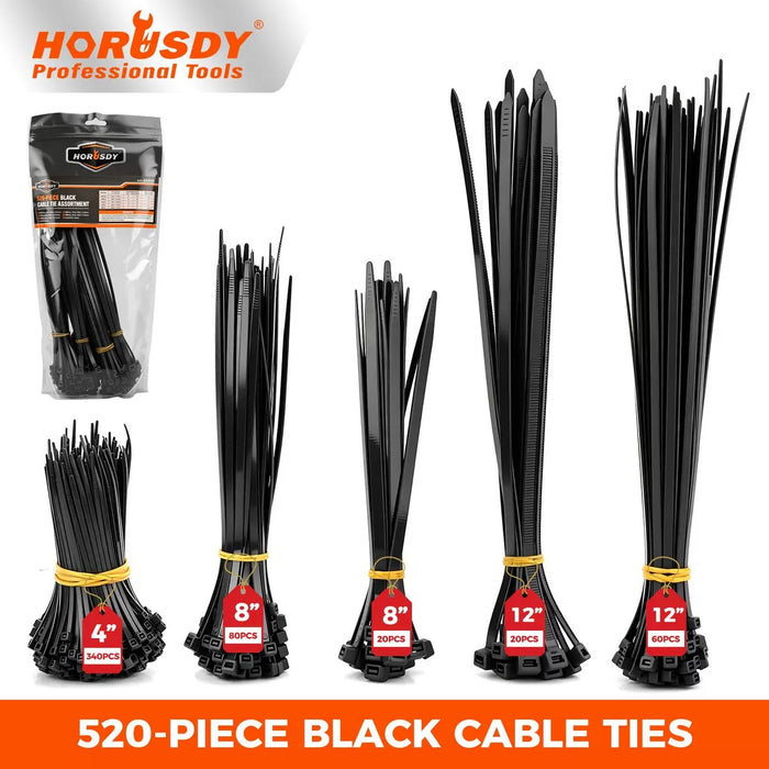 520-Piece Black Cable Tie Assortment | 5 Sizes, Heavy-Duty Self-Locking Nylon Zip Ties