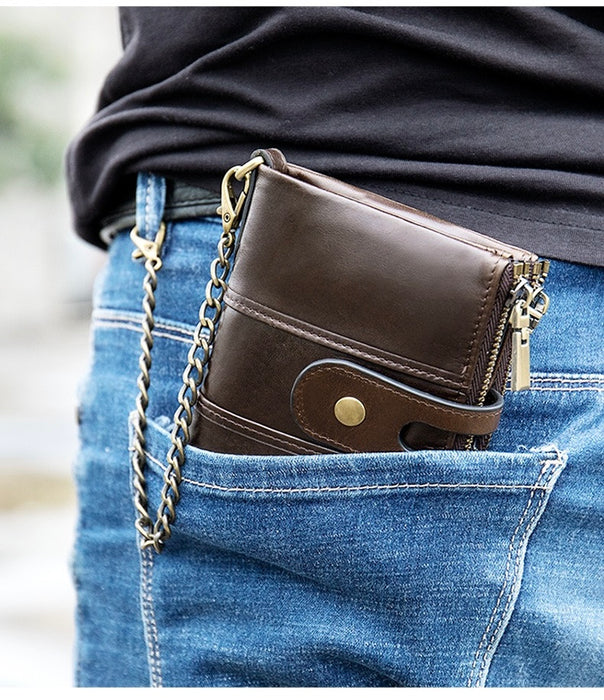 Genuine Leather RFID Bi-Fold Wallet With Metal Chain TC599 | TOUCHANDCATCH NZ