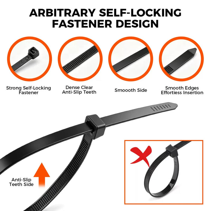 520-Piece Black Cable Tie Assortment | 5 Sizes, Heavy-Duty Self-Locking Nylon Zip Ties