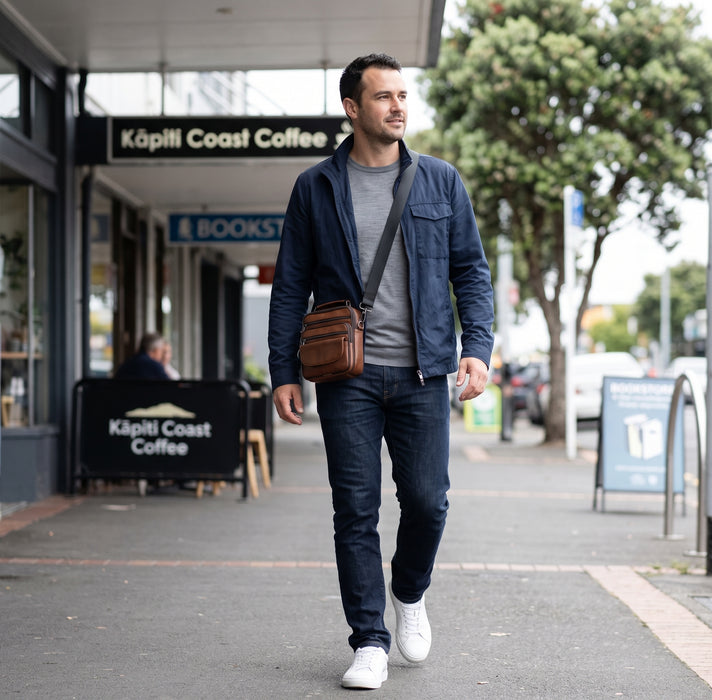 Men's Genuine Leather Crossbody Bag TC6220 | Compact Shoulder Bag with Top Handle, 6 Pockets