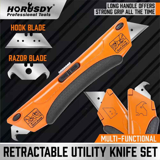 Auto-Loading Squeeze Utility Knife SDY-97530 | Dual-Ended Retractable Box Cutter, Razor + Hook Blade
