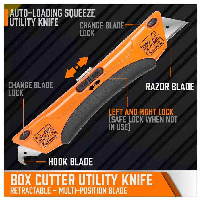 Auto-Loading Squeeze Utility Knife SDY-97530 | Dual-Ended Retractable Box Cutter, Razor + Hook Blade