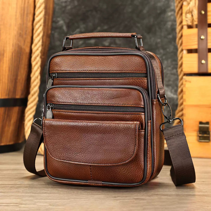 Men's Genuine Leather Crossbody Bag TC6220 | Compact Shoulder Bag with Top Handle, 6 Pockets
