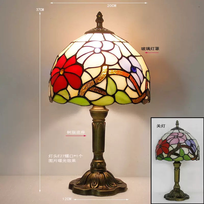 Tiffany-Style Stained Glass Table Lamp | Floral Art Glass Shade, Bronze Resin Base, E27