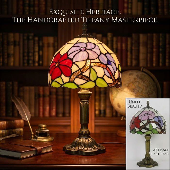 Tiffany-Style Stained Glass Table Lamp | Floral Art Glass Shade, Bronze Resin Base, E27