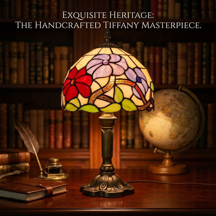 Tiffany-Style Stained Glass Table Lamp | Floral Art Glass Shade, Bronze Resin Base, E27