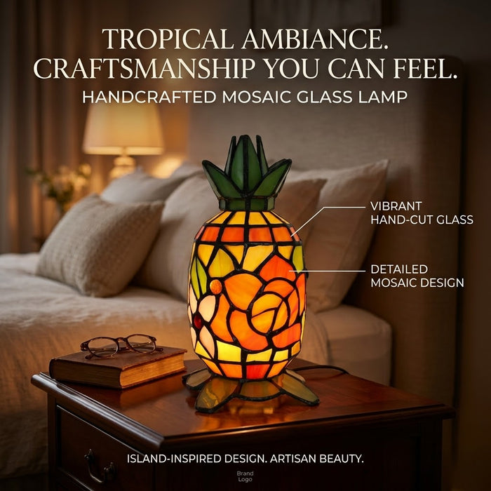 Tiffany-Style Pineapple Table Lamp | Handmade Stained Glass Accent Light, E14 — Rose Beige
