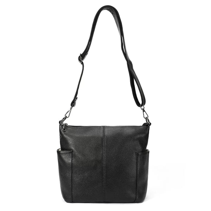 Women's Genuine Leather Bucket Crossbody Bag TC605 | Top-Grain Cowhide, Two Straps, 7 Pockets — Black