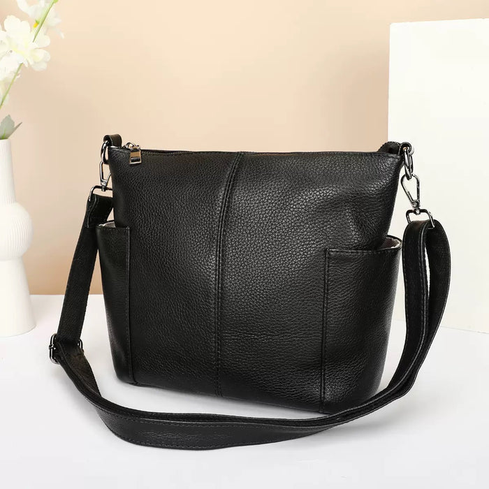 Women's Genuine Leather Bucket Crossbody Bag TC605 | Top-Grain Cowhide, Two Straps, 7 Pockets — Black