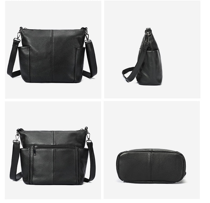 Women's Genuine Leather Bucket Crossbody Bag TC605 | Top-Grain Cowhide, Two Straps, 7 Pockets — Black