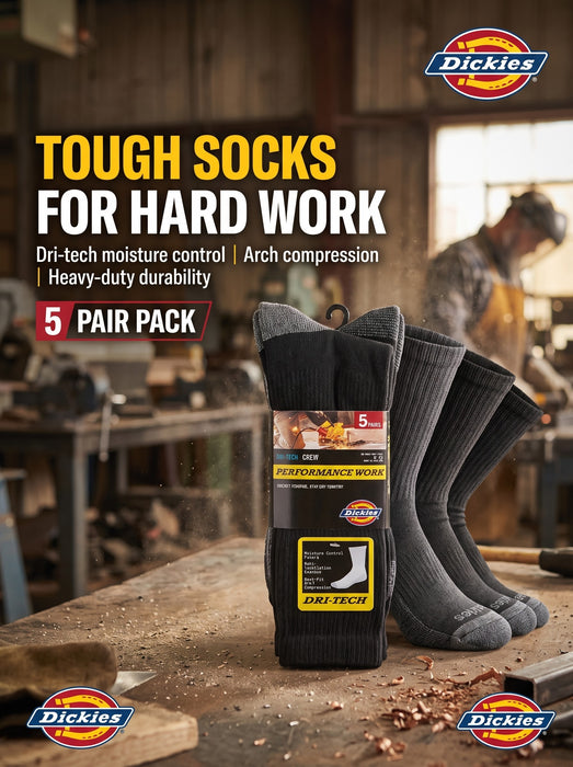 Dickies Dri-Tech Performance Work Crew Socks 5 Pack Black TC276 | TOUCHANDCATCH NZ