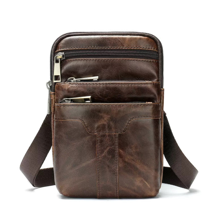 Men's genuine leather waist bag TC2014 in coffee, front view with adjustable shoulder strap - Touch and Catch NZ