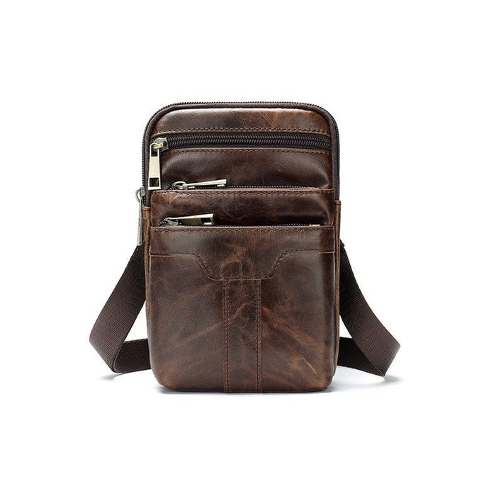 Front view of the TC2014 leather waist bag in coffee with three zip pockets - Touch and Catch NZ