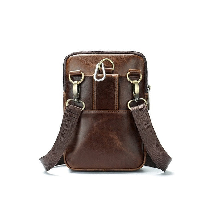 Back of the TC2014 leather waist bag showing the belt loop, D-rings and carabiner - Touch and Catch NZ