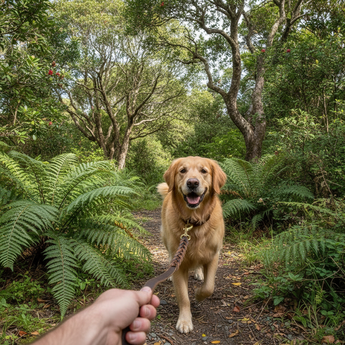 Genuine Leather Dog Lead on Golden Retriever in NZ native bush - Touch & Catch NZ