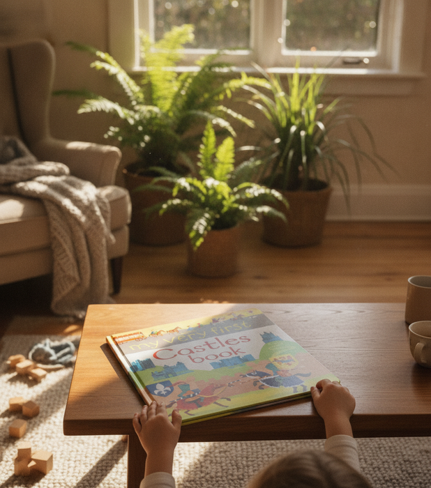 Kids Castle Book read by child in cozy NZ home - Touch & Catch NZ
