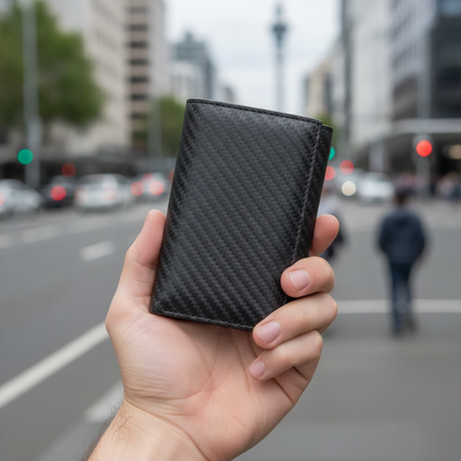 Men's RFID carbon fiber tri-fold wallet TC309 held upright in hand on Auckland city street
