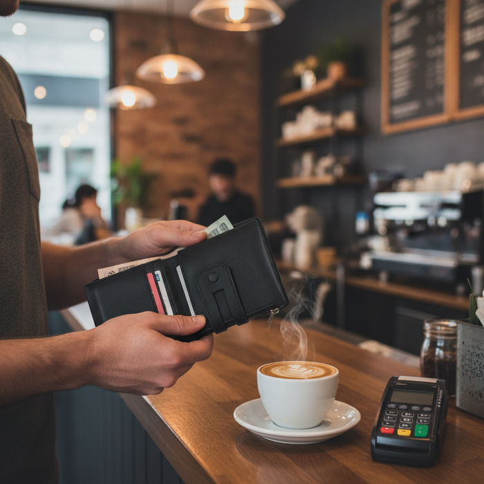 Men's Leather RFID Bi-Fold Wallet 359 used at NZ café - Touch & Catch NZ