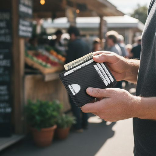 Men's RFID Carbon Fiber Wallet 301 held open at NZ market - Touch & Catch NZ