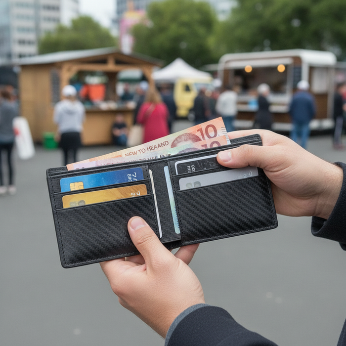 Men's RFID Carbon Fiber Bi-fold Wallet TC302 held at NZ market - Touch & Catch NZ