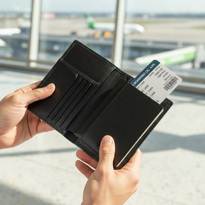 Genuine Leather RFID Passport Wallet TC390 held at NZ airport - Touch & Catch NZ