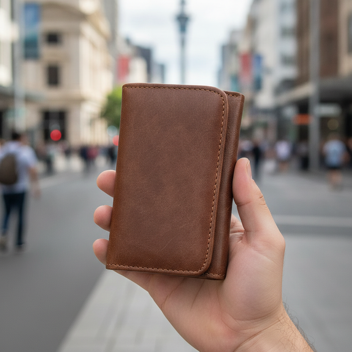Genuine leather tri-fold RFID wallet TC106 held upright in hand on Auckland street