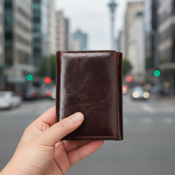 Genuine leather tri-fold RFID wallet TC1134 held in hand on Auckland street