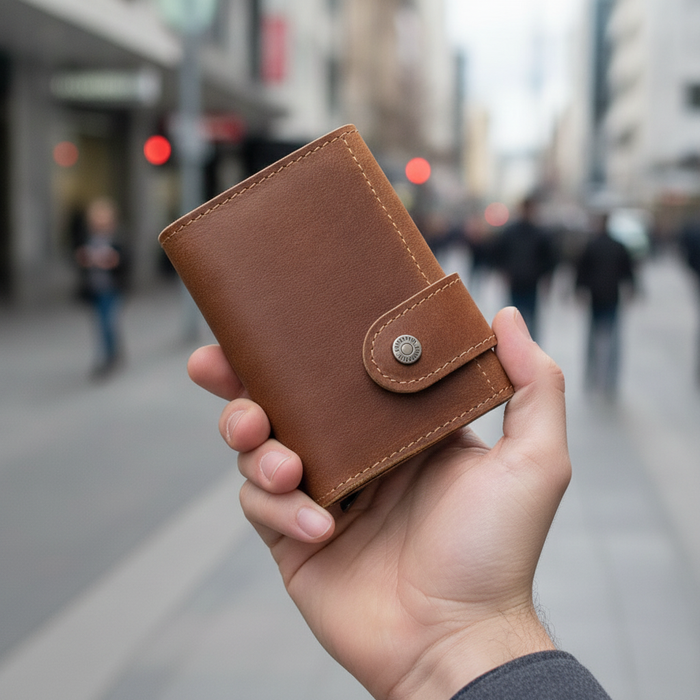 Genuine leather tri-fold RFID wallet TC306 with pop-up card holder held in hand on Auckland street
