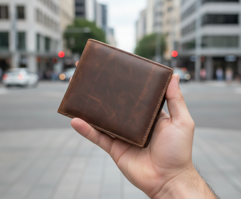 Genuine leather bi-fold RFID wallet TC313 held in hand on Auckland city street