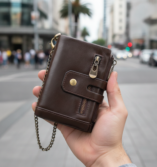 Genuine leather bi-fold wallet TC329 with chain held in hand on Auckland street