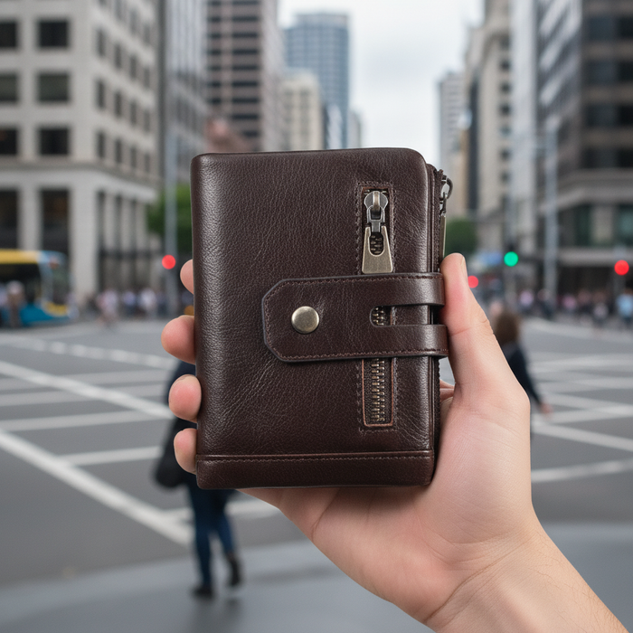 Genuine leather wallet TC3449 held upright in hand on Auckland city street