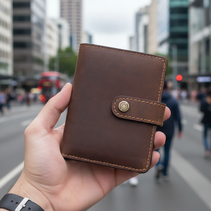 Genuine leather RFID wallet TC344 with pop-up card holder held in hand on Auckland street