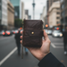 Genuine leather RFID bi-fold wallet TC3804 held in hand on Auckland street