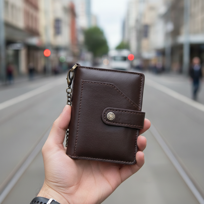Genuine leather bi-fold RFID wallet TC8981 with pop-up card holder held in hand on Auckland street
