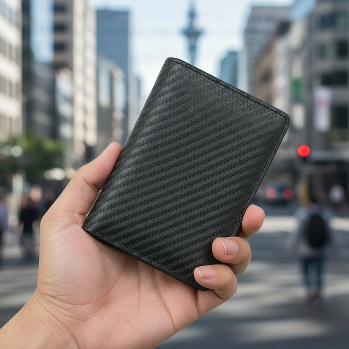 Men's RFID carbon fiber wallet TC904 held in hand on Auckland city street